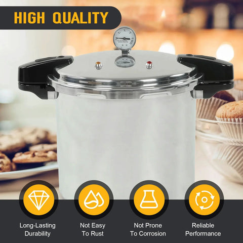 Front view of a pressure canner with stainless steel body, black handles, and lid-mounted gauge