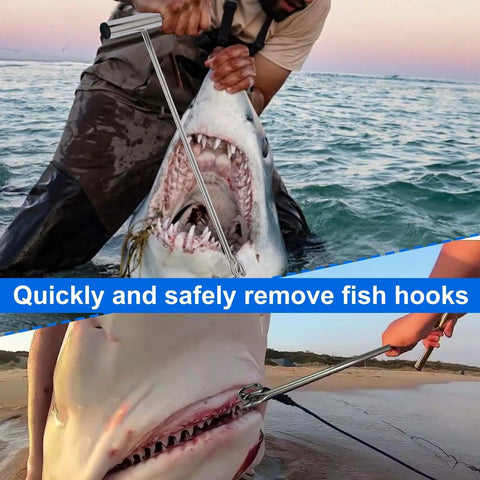 Stainless Steel Hook Remover And Dehooker Tool For Saltwater Fishin 17 Inch Push Pull Dehooker With Anti Lost Design Shark hook in use
