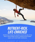 Person rock climbing above ocean with text 'Nutrient-Rich, Life-Enriched; Vitamins and minerals play crucial roles in health'.