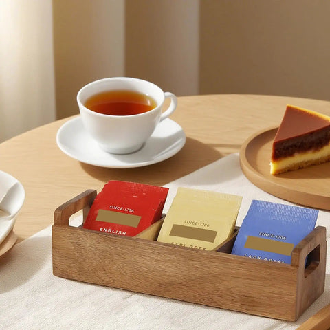 Three Compartment Wooden Tea Bag Box With Handle Acacia Wood Caddy holding colorful tea packets on a table