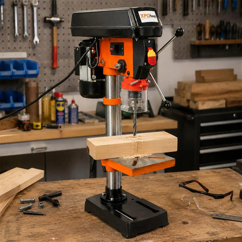 Compact 10 Inch Benchtop Drill Press With Enclosed Class I Laser Positioning System, Digital Meter Display, Variable Speed Control And Tilting Table For Precision Woodworking Metal Drilling Projects on workbench with wood.