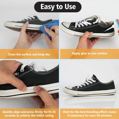 Fast Dry Shoe Repair Glue For Sneakers, Boots, Leather And Soles With Anti Clog Cap application process on black sneaker