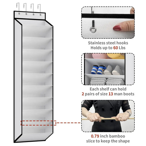 Over The Door 10 Tier White Hanging Shoe Organizer With Deep Pockets Holds 20 To 30 Pairs For Sneakers And Boots Durable Nonwoven Fabric Door Storage Solution, showing metal hooks and bamboo support