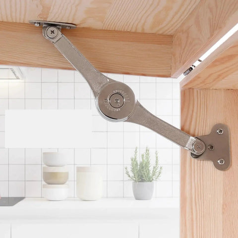 Soft Close Lid Stay Hinge With Buffer Damper For Cabinets And Wardrobes mounted on wooden cabinet door