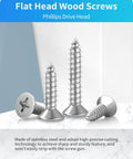 Top Shelf 304 Stainless Steel Wood Screws Assortment Kit With Phillips Flat Heads And Self Tapping Design Made For Fixin Up Patios Or Garages Comes Rigged With 550 Pieces Sizes 4 Through 12 - close-up of flat head wood screws with Phillips drive heads