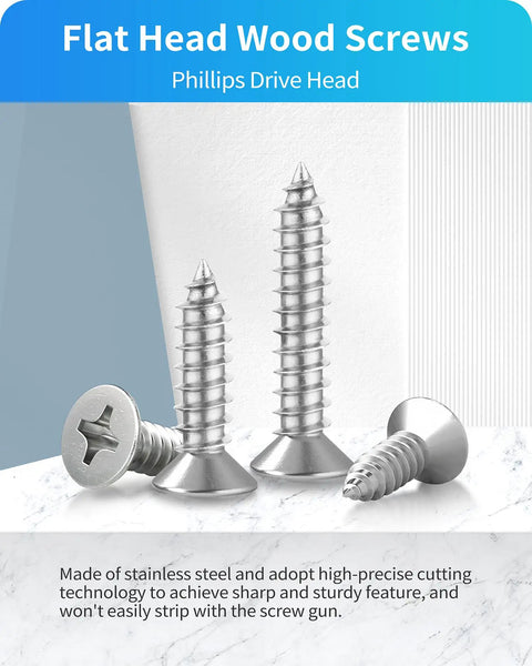 Top Shelf 304 Stainless Steel Wood Screws Assortment Kit With Phillips Flat Heads And Self Tapping Design Made For Fixin Up Patios Or Garages Comes Rigged With 550 Pieces Sizes 4 Through 12 - close-up of flat head wood screws with Phillips drive heads