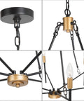 Bold Black 6 Light Modern Chandelier With Gold Finished Lamp Holders, Mid Century Ceiling Light detail showing chain and holder close-ups.