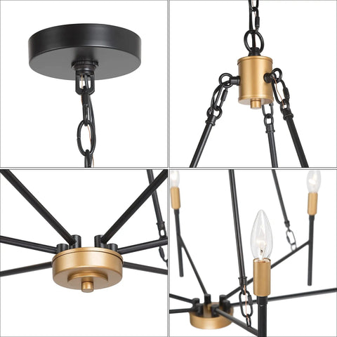 Bold Black 6 Light Modern Chandelier With Gold Finished Lamp Holders, Mid Century Ceiling Light detail showing chain and holder close-ups.