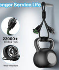 Outdoor Power Extension Cord 30 Ft 16 AWG 3 Prong Grounded Heavy Duty Weatherproof Cable coiled with kettlebell and plug details