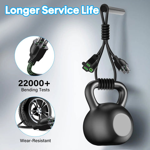 Outdoor Power Extension Cord 30 Ft 16 AWG 3 Prong Grounded Heavy Duty Weatherproof Cable coiled with kettlebell and plug details
