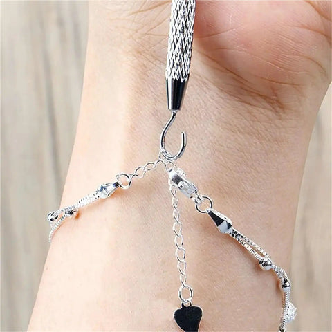 Rose Gold Bracelet Helper Tool Kit 12Pcs One Hand Jewelry Plier Clip Set For DIY Necklace And Watch Clasps Closures Easy On One Hand Operation No Help Needed Perfect Bracelet Assist Tools For Quick Secure Put On silver bracelet helper tool on wrist