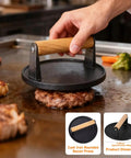 Griddle Accessories Kit For Blackstone Griddles, person pressing burger with cast iron press on flat top griddle.