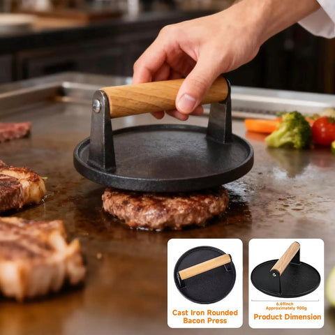 Griddle Accessories Kit For Blackstone Griddles, person pressing burger with cast iron press on flat top griddle.