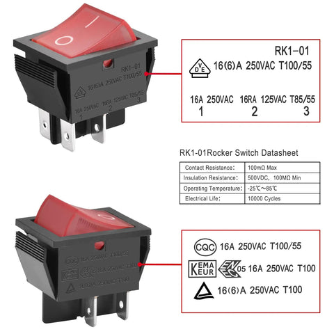 Rocker Switch On Off DPST 4 Terminals With Red Indicator Light 16A 250VAC Weatherproof Cover For Heavy Duty Power Control