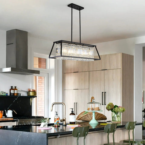 Lit Black Crystal Chandelier Pendant Light For Dining Room And Kitchen Island above modern black kitchen counter