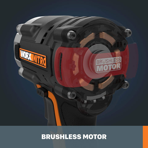 Close-up of Nitro WX272L.9 20V Power Share Cordless Half Inch Impact Wrench with brushless motor visible