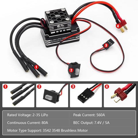High Torque 3548 1400KV Brushless Outrunner Motor with AM32 80A ESC for 1 by 10 Scale RC Crawler Upgrade close view.