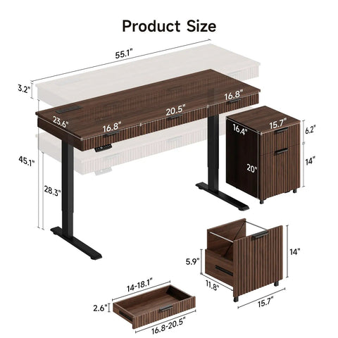 Killer 55 Inch Electric Standing Desk With Smooth Walnut Top And Ultra Silent Motor Making Your Sit Stand Workspace A Breeze While Nailing Daily Ergonomic Comfort size diagram showing dimensions and components.