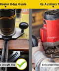 Image comparison of Edge Guide for Fixed Base Compact Router DNP618 usage versus no tools, demonstrating straight and curved cuts.