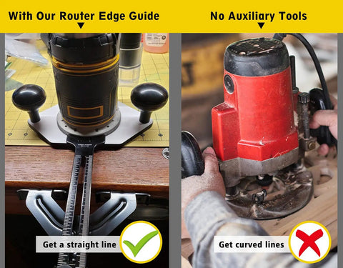 Image comparison of Edge Guide for Fixed Base Compact Router DNP618 usage versus no tools, demonstrating straight and curved cuts.