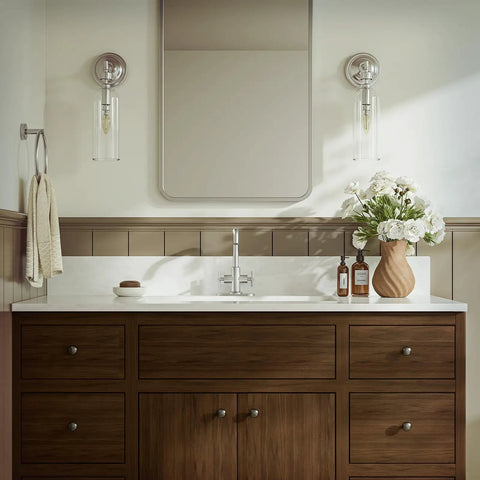 Bathroom with Brushed Nickel Vanity Faucet With 4 Inch Centerset Or Single Hole Setup, Swivel Spout, and wooden vanity