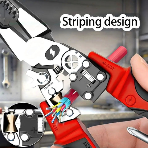 Close-up of Pro Grade Wire Stripping Tool with Built-In Electricity Tester, showing stripping design and ergonomic grip in use.