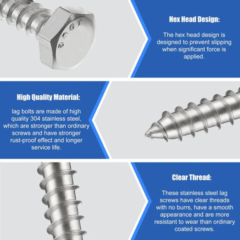 Close-up of 50 Pack 1/4 In By 1 In Hex Head Lag Screws 304 Stainless Steel Heavy Duty Wood Bolts for Outdoor Decks and DIY Projects
