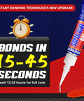 Super glue gel tube Amazon 12 x 3g beside a sign reading Bonds in 15-45 seconds and a yellow alarm clock