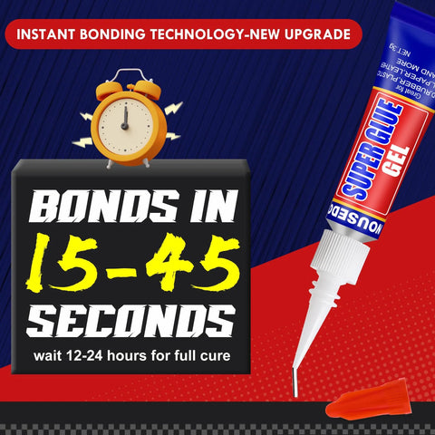 Super glue gel tube Amazon 12 x 3g beside a sign reading Bonds in 15-45 seconds and a yellow alarm clock