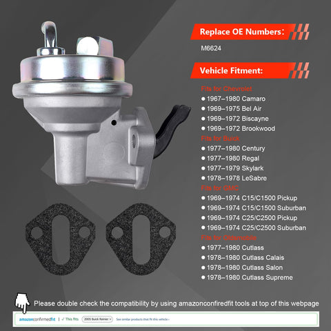 Drop-In High-Flow Mechanical Fuel Pump 35 GPH 7.5-9.5 PSI For Chevy Small Block SBC 305 327 350 V8 with gaskets and specifications.