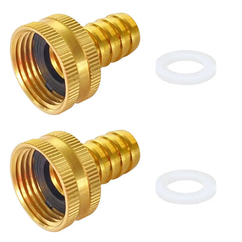 Four Pack Brass Garden Hose Adapters For One Half Inch Hoses To Three Quarter Inch Ght Faucets For Drip Irrigation Tubing And Quick Extension Leak Free Reusable Fittings For Rain Bird Orbit Dig Toro And Other Brands showing two brass adapters and washers.