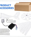 Components of 2000W Wind Turbine Generator Kit With Eight Blade Wind Power Generator, box, and tools visible.