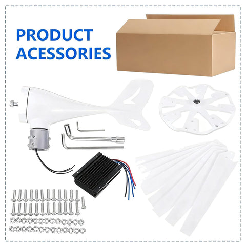 Components of 2000W Wind Turbine Generator Kit With Eight Blade Wind Power Generator, box, and tools visible.