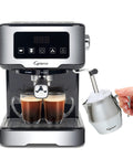 No Drama Home Bar Setup With This Compact Touchscreen Espresso Machine Boasting 15 Bar Pressure and 50 Oz Tank brewing espresso.