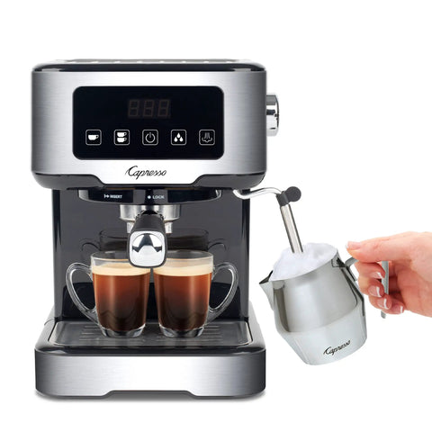 No Drama Home Bar Setup With This Compact Touchscreen Espresso Machine Boasting 15 Bar Pressure and 50 Oz Tank brewing espresso.