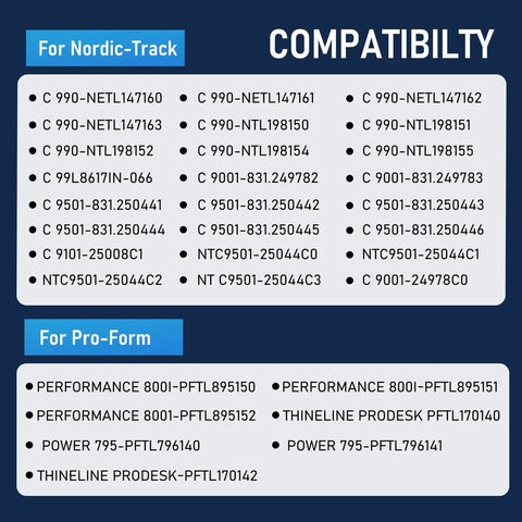 Compatibility list for Beefy 3.0 HP Treadmill Drive Motor With Flywheel 130 Vdc 2238 Watts Replacement for NordicTrack and ProForm