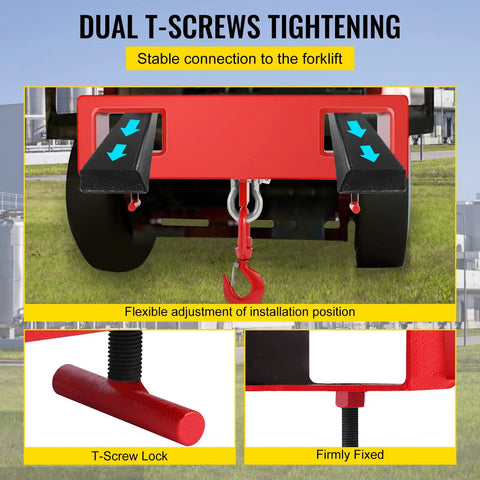 Red Forklift Lifting Hook 4400 LB Capacity Heavy Duty Hoist With Swivel Hook Two Large T Screws Forklift Lifting Attachment For Mobile Crane Use Durable Carbon Steel Powder Coated, dual T-screw mount
