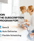 Mother and daughter in kitchen enjoying snacks and drinks, promoting subscription program benefits like savings, auto deliveries, and flexible scheduling.