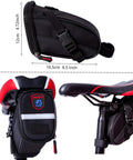 Side view of waterproof saddle bag from 10 In 1 Bike Repair Kit with secure straps, attached to a bicycle seat.