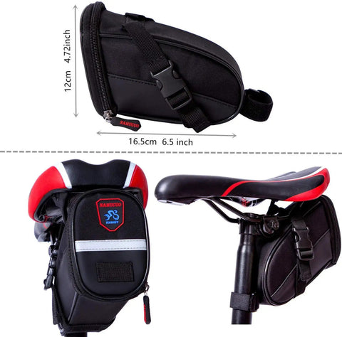 Side view of waterproof saddle bag from 10 In 1 Bike Repair Kit with secure straps, attached to a bicycle seat.
