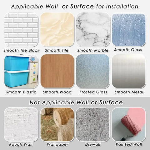 Decorative Wall Hooks Self Adhesive Heavy Duty Hanger Set surfaces illustration; applicable: tile, marble, glass; not: wallpaper, drywall