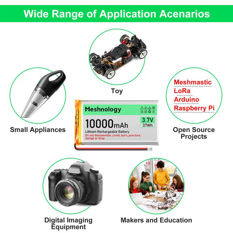 Applications of Beefy 2-Pack 3.7V 10000mAh LiPo Battery for RC cars, appliances, cameras, and education projects.