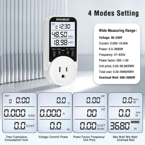 Outlet Watt Meter 90-250V Range Real Time Power Monitor For Home Use Tracks Watts Volts Amps Hz And Power Factor Records Max Min Power Cumulative Time And Energy In kWh No Brainer Automatic Cost Calculator For Easy Energy Savings. white plug-in outlet meter with LCD display
