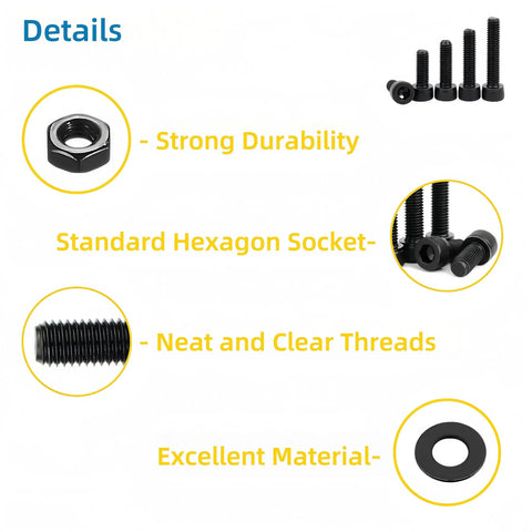 All In One M3 Screws Assortment Kit With Nuts And Washers, showing hex socket screws, nut, washer, durability, clear threads.