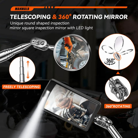 Telescoping Magnetic Pickup Tool Set With Portable Bag, Extendable Flashlight And 360 Degree Inspection Mirror For Auto Repair And DIY Projects, A Great Gift For Him, Mechanics, And Handymen, Blue showing round and square inspection mirrors with LED lights and telescoping handles.