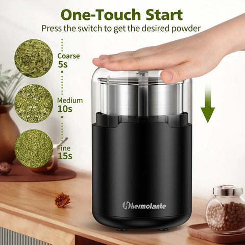 Electric Herb Grinder With Press Down Lid Fast Even Grinding Powerful Motor For Spices And Herbs Compact Kitchen Appliance on wooden table