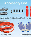 Accessory list for Pro Grade Tree Climbing Spikes Set with nylon belts, adjustment tool, safety belt, gloves, and leather belts.