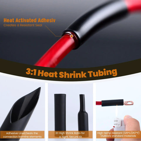 Thick Copper Wire Lugs Kit With 176-Pc 10 Types Ring Terminals And 88-Pc Heavy Duty Battery Cable Ends, 3:1 heat shrink tubing