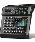 Six Channel Audio Interface Mixer With 99 DSP Digital Effects Bluetooth USB RCA Interface displayed at angle