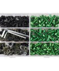 253 Piece Motorcycle Bolt And Nut Kit With Hex Socket And Countersunk Screws For CBR300R CBR500R CBR600F CBR600RR CBR929RR And CBR1000RR Durable Steel Hardware For Repairs And Upgrades On Track Or Street. Green bolts and black fasteners in organizer tray